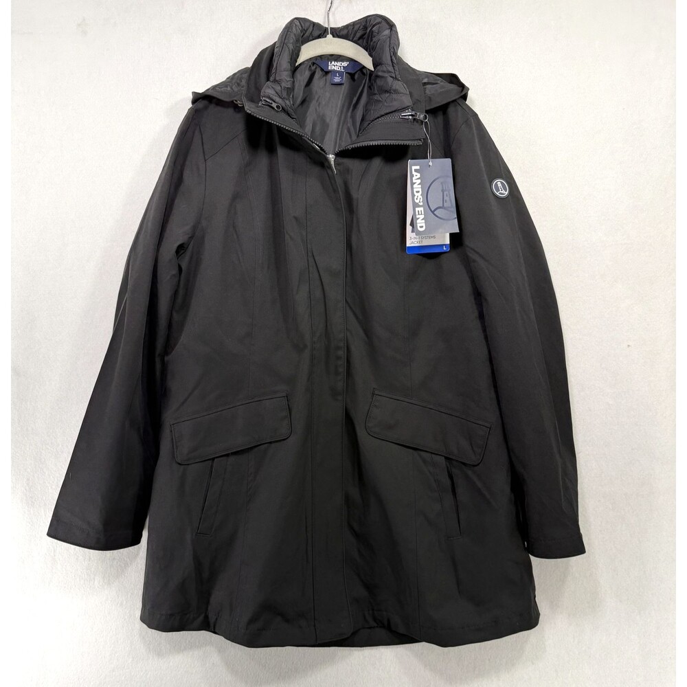 Lands' End Jacket Women L Black 3-in-1 Systems Removable Puffer Vest Hood Parka